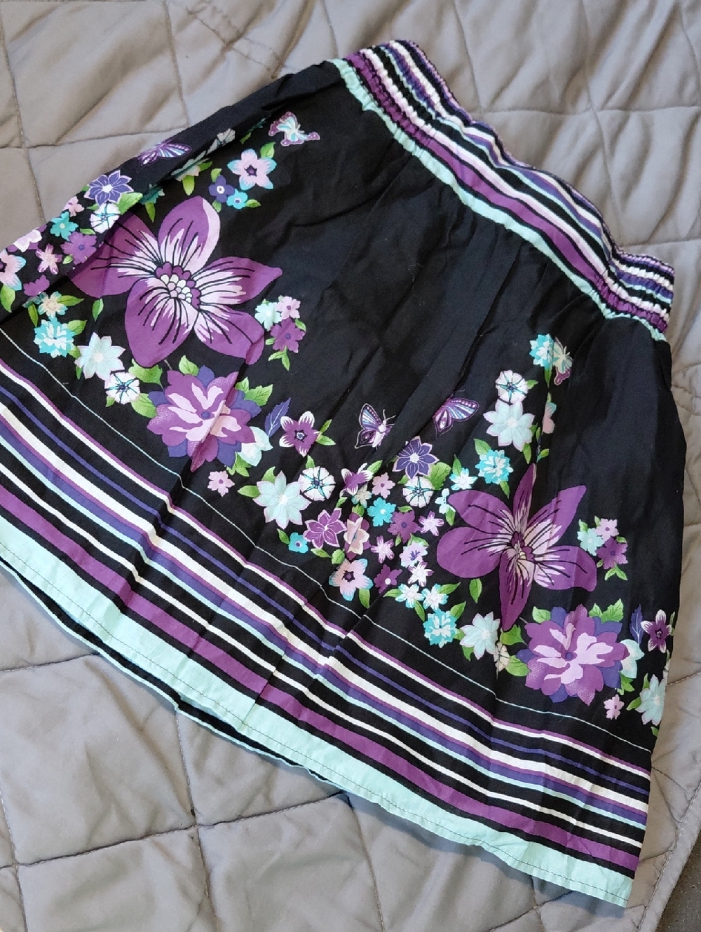 Xtraordinary Black Skirt with Purple Floral and Mint Stripe